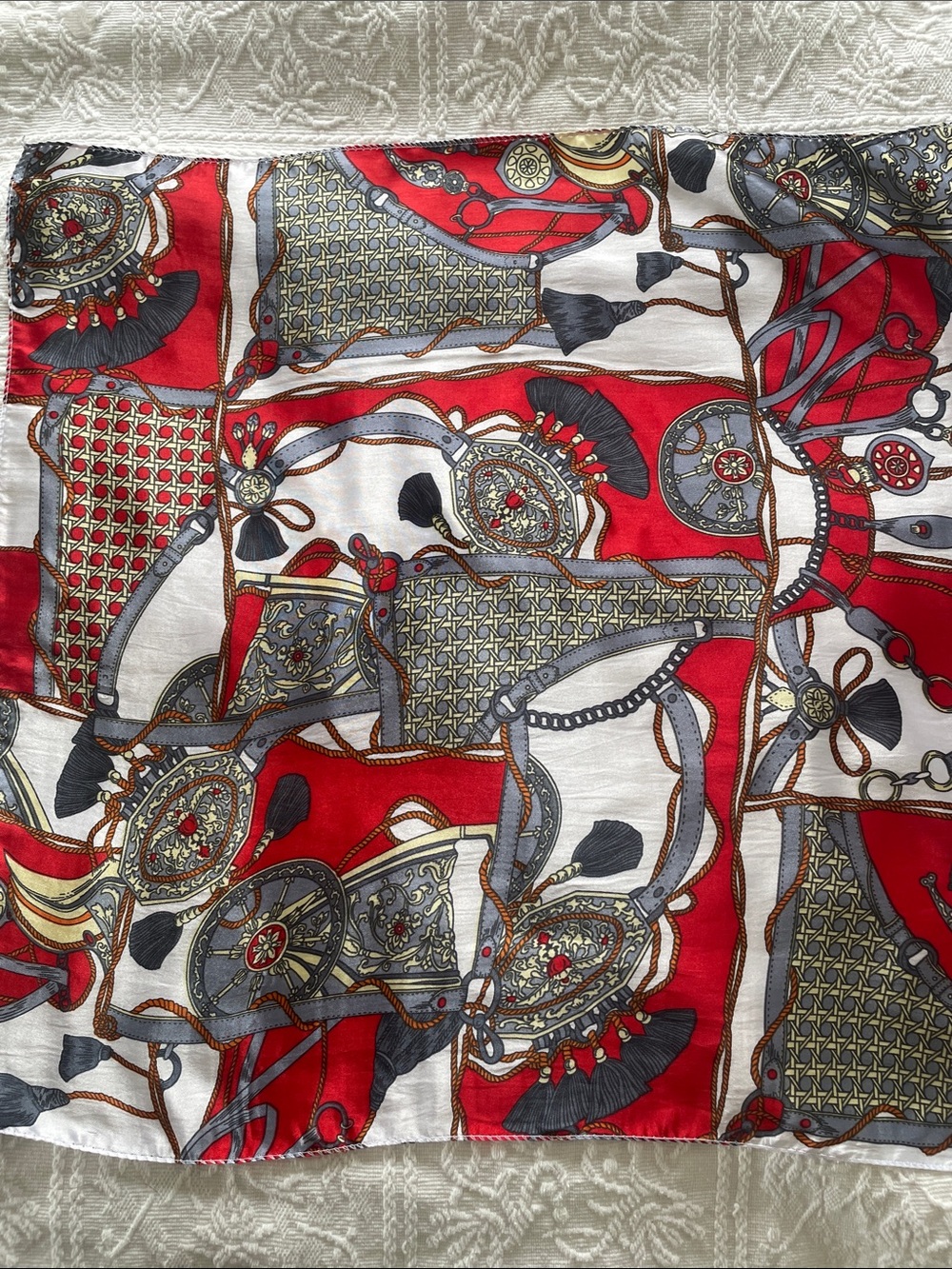 Satin Feel Red & White Equestrian Print Scarf 19 x 19 new with tags